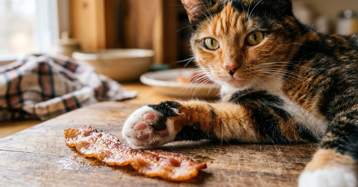 A calico cat with distinct patches of orange, black, and white fur resting a paw near a single strip of bacon, conveying dose and scale, alert and watchful expression, macro close-up photograph