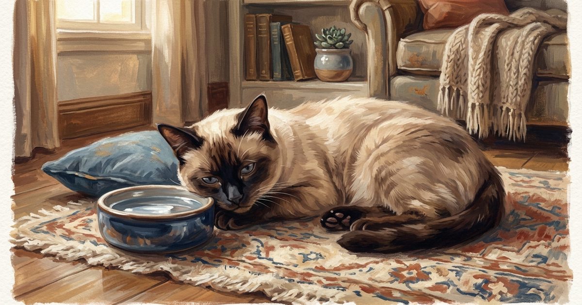 A Siamese cat with a cream body and dark seal-brown points lying down near a water bowl in a subdued and lethargic mood, gentle warning tone, cozy gouache painting