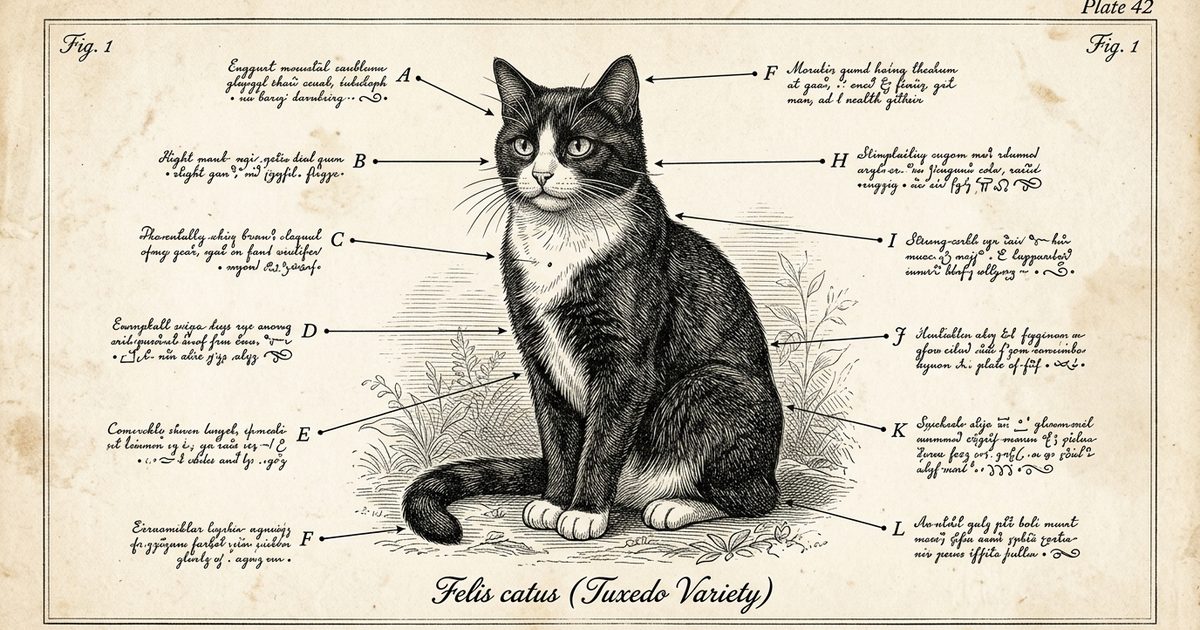 A tuxedo cat with black fur and a white chest, paws, and whiskers, detailed annotated vintage encyclopedia botanical-plate engraving with callout markers around the figure summarizing the article's verdict, science-authoritative antique illustration tone
