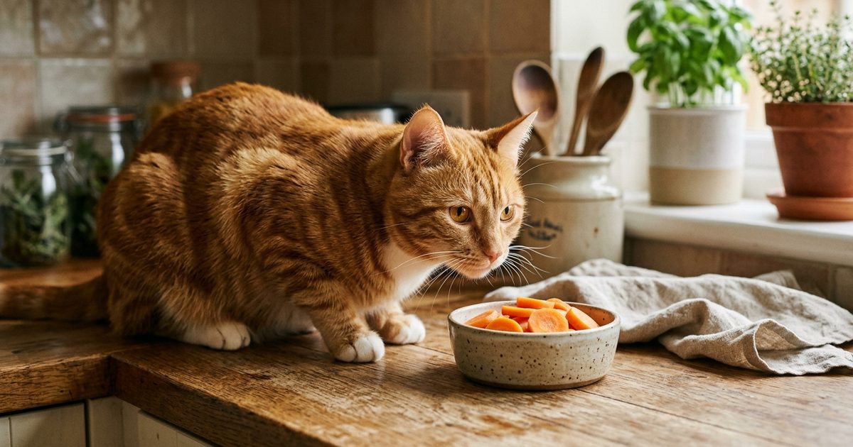 An orange tabby cat with a warm orange coat and classic mackerel stripes sitting beside a small dish of steamed sliced carrots in a warm domestic kitchen, alert and curious