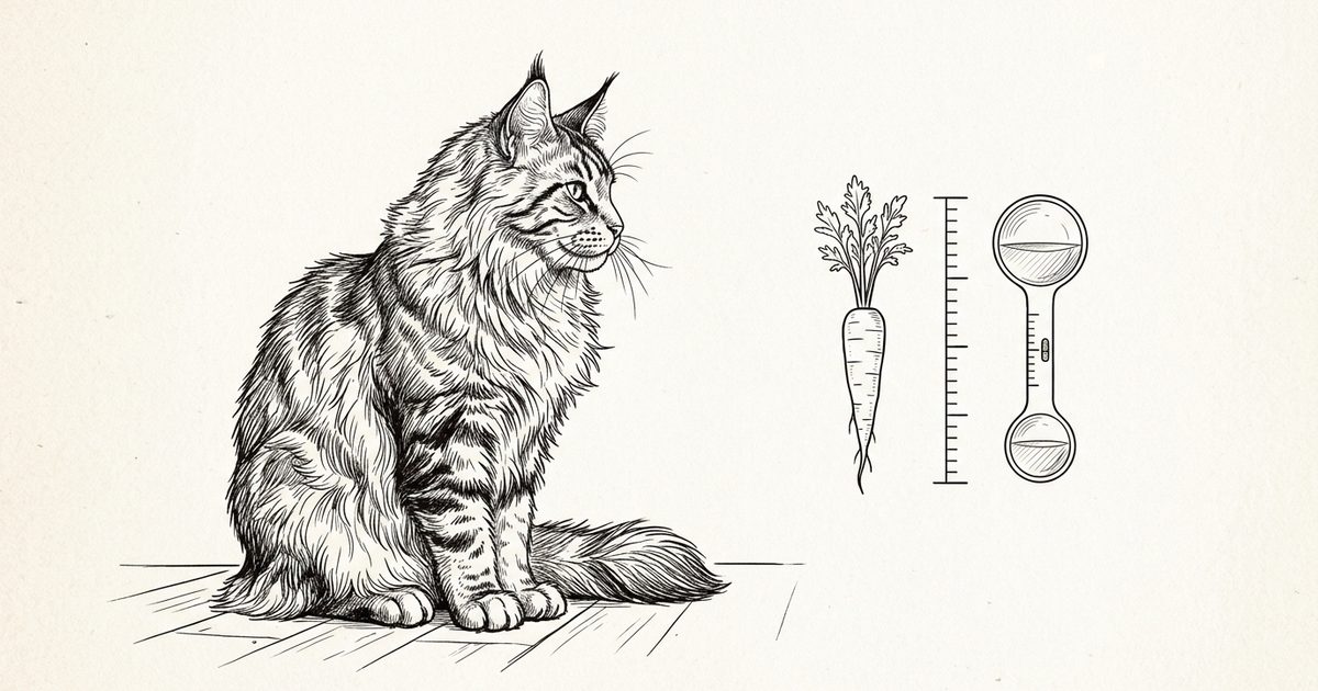 A large Maine Coon cat with long fluffy brown tabby fur and tufted ears beside a minimalist measuring-spoon and teaspoon dosing diagram with a single small carrot, ink line-art sketch on a clean background