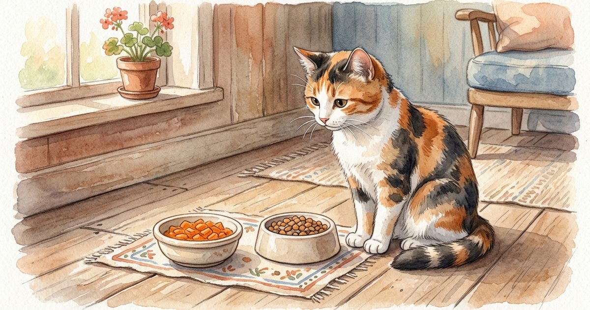 A calico cat with patches of orange, black, and white fur beside a small dish of finely chopped plain cooked carrot and a simple cat food bowl, soft watercolor storybook illustration with warm gentle tones