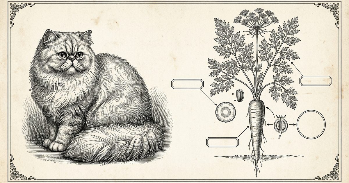 A vintage encyclopedia-style engraving of a carrot plant with an annotated callout for beta-carotene, fiber, and a vitamin-A conversion note beside a Persian cat with silver fur and a flat round face