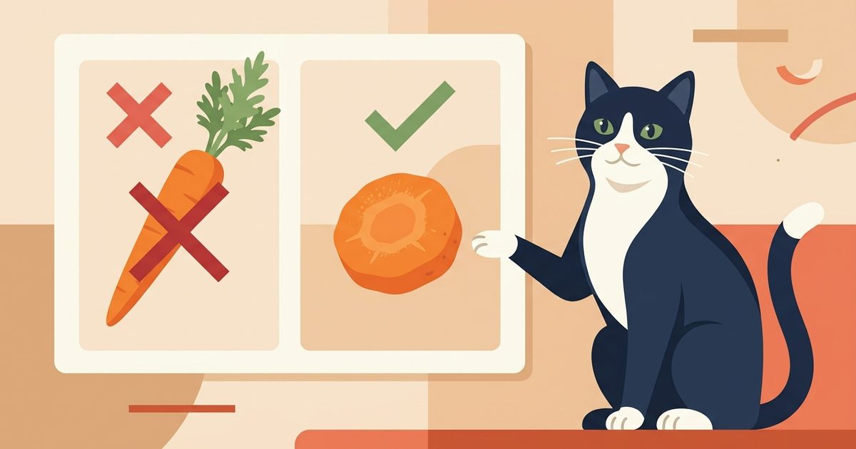 A tuxedo cat with black coat and white chest beside a clean editorial comparison of a crossed-out raw carrot versus a check-marked steamed soft carrot slice, flat modern vector illustration