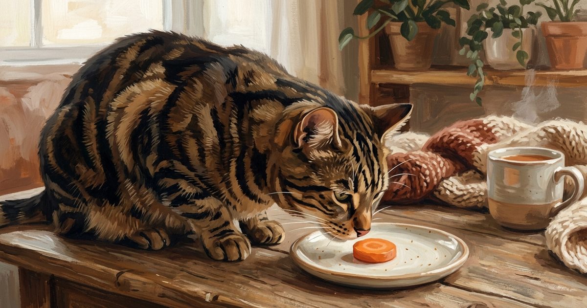 A brown tabby cat with bold black stripes gently sniffing a single plain cooked carrot slice on a wooden surface, warm gouache painting, calm and trusting mood