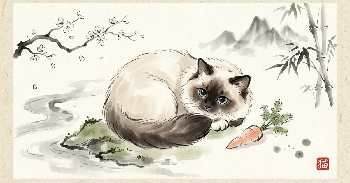 A Ragdoll cat with long silky cream fur, dark brown colorpoint face and paws, and striking blue eyes in a serene curled pose beside a single small carrot, elegant Japanese sumi-e ink-wash with kawaii warmth