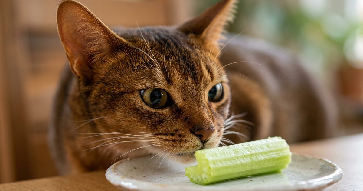 An Abyssinian cat with a warm reddish-ticked coat, large alert ears and sleek athletic build in macro close-up face-to-face with a crisp plain celery piece on a small saucer