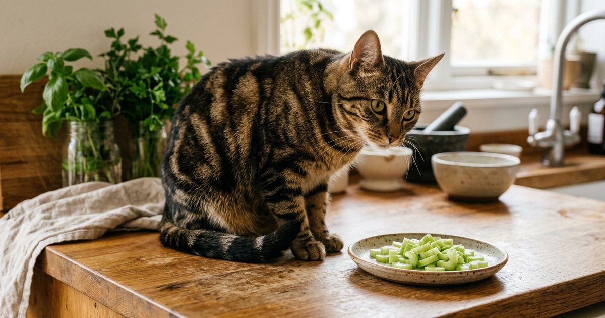 A brown tabby cat with bold black stripes on a warm brown coat sitting near a small plate of plain sliced celery pieces on a kitchen counter, alert and curious