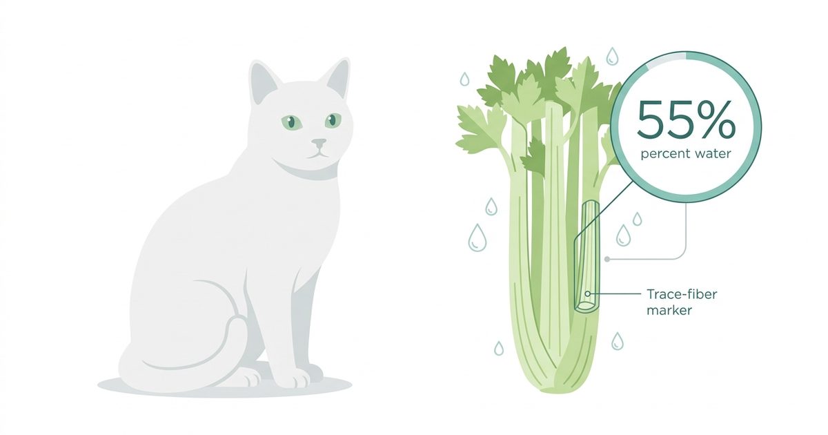 A solid white cat with short fur and pale green eyes beside a celery stalk infographic with water-droplet icons, a trace-fiber marker, and a 95 percent water callout