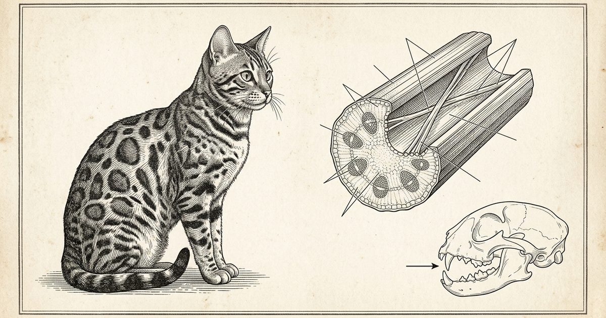 A Bengal cat with a wild spotted rosetted golden-brown coat beside a celery stalk cross-section with callout markers on the tough fibrous strings and a cat skull diagram showing shearing carnassial teeth