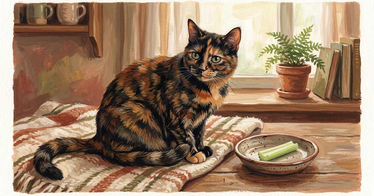 A tortoiseshell cat with mottled black and orange fur sitting beside a small dish holding one small plain de-stringed celery piece, content and curious in a warm textured gouache kitchen scene
