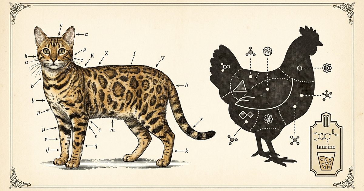 A Bengal cat with a wild-looking spotted golden-brown coat on a vintage scientific plate with callout markers on a chicken silhouette indicating protein benefits and a missing-nutrient label for taurine, authoritative engraving style