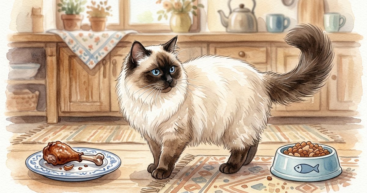 A Ragdoll cat with cream fur and dark colorpoint face turning away from a cooked chicken bone toward its food dish, soft watercolor cautionary scene