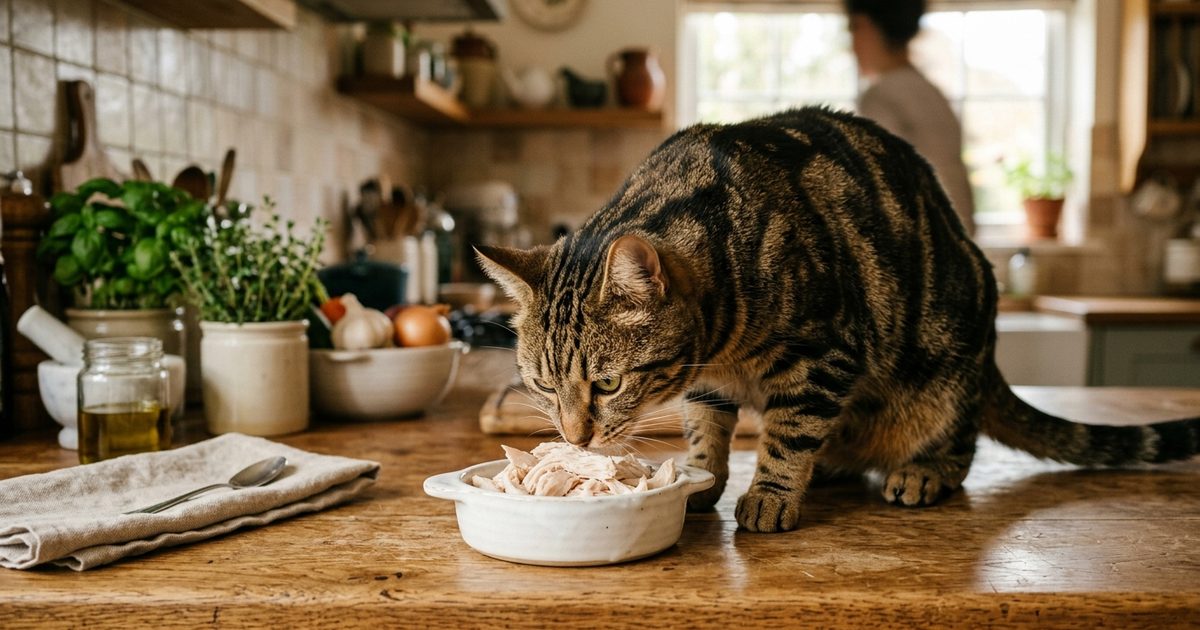 A brown tabby cat with bold black stripes on a warm brown coat sniffing a small ceramic dish of plain cooked shredded chicken on a wooden kitchen counter, curious and gently relaxed, warm domestic scene