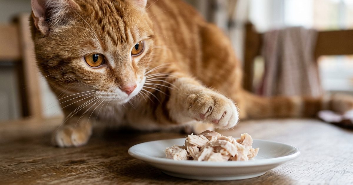 A ginger orange tabby cat with bold mackerel stripes reaching one paw toward a small measured portion of shredded plain cooked chicken on a saucer, alert and focused, shallow depth of field