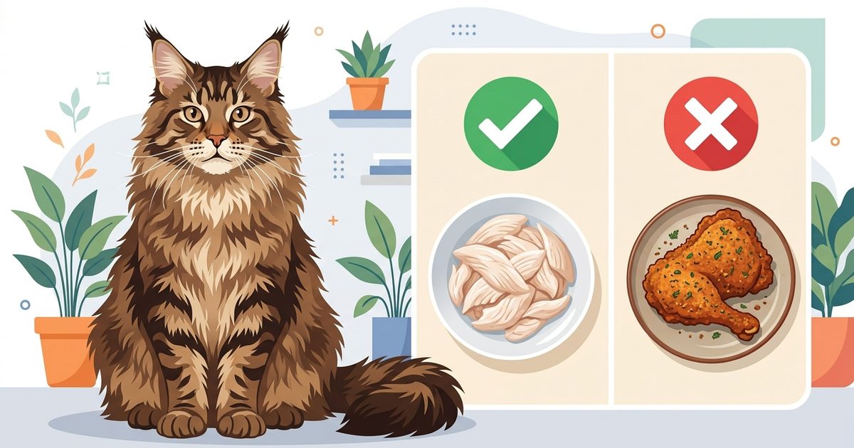 A large Maine Coon cat with long fluffy fur and brown tabby coloring beside a split infographic contrasting plain steamed chicken marked with a check against fried seasoned chicken marked with a cross, editorial style