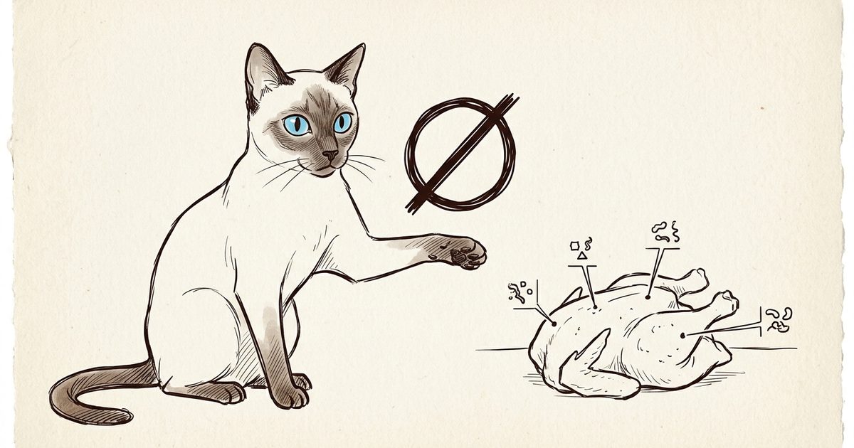 A Siamese cat with a cream body and dark seal-brown points beside a piece of raw chicken with small markers for bacteria and a crossed-out paw, simple diagram style