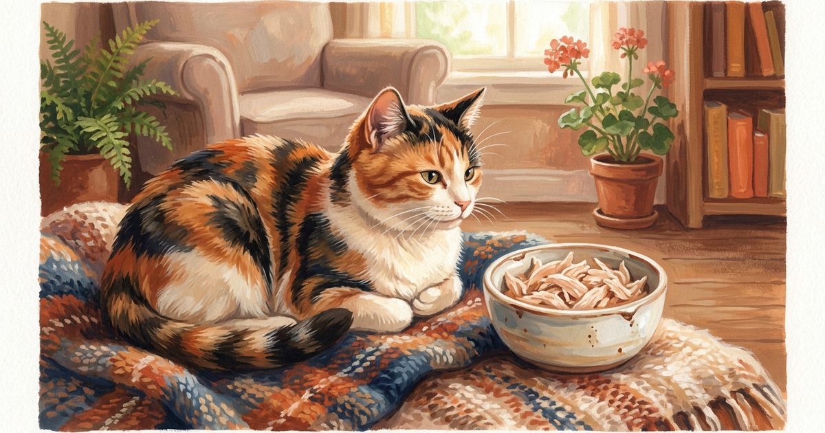 A calico cat with distinct orange, black, and white patches sitting content beside a small ceramic dish of shredded plain cooked chicken on a soft textile, warm satisfied mood