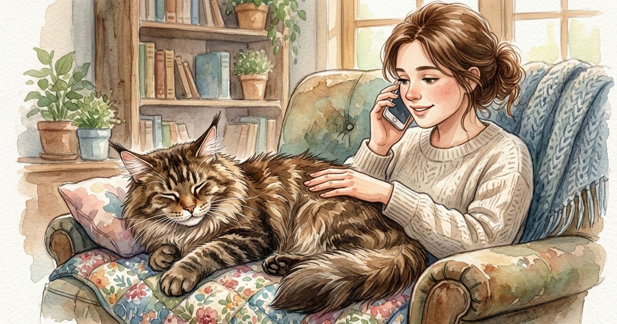 A large Maine Coon with long fluffy brown-tabby fur and tufted ears resting calmly while a person nearby holds a phone to their ear, in a soft watercolor storybook illustration