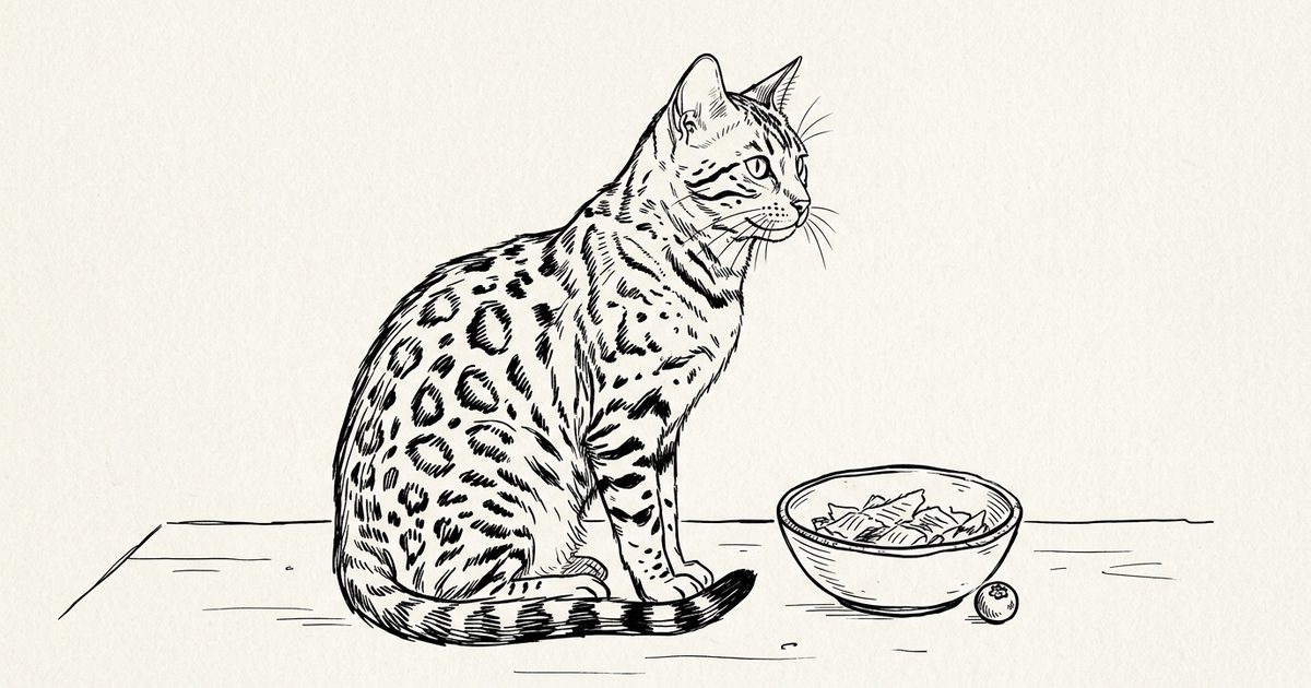 A Bengal cat with a wild-looking spotted golden-brown coat seated beside a small bowl of plain cooked fish flakes and a single blueberry, in a minimalist ink line-art sketch