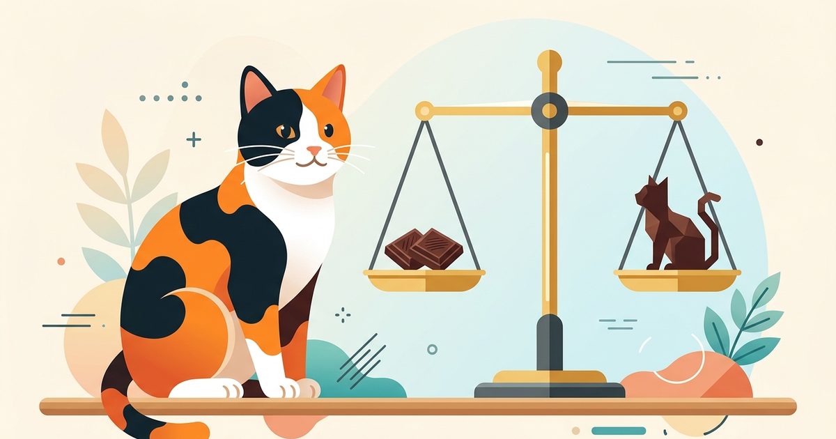 A calico cat with patches of orange, black, and white sitting beside a flat vector balance scale holding a small piece of dark chocolate on one side and a small cat silhouette on the other