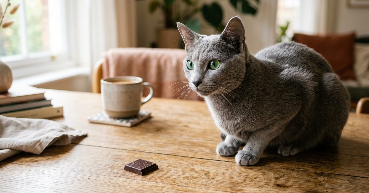A Russian Blue cat with a dense silvery-blue coat and vivid green eyes perched beside a small piece of dark chocolate on a warm wooden table, alert and curious but not touching it