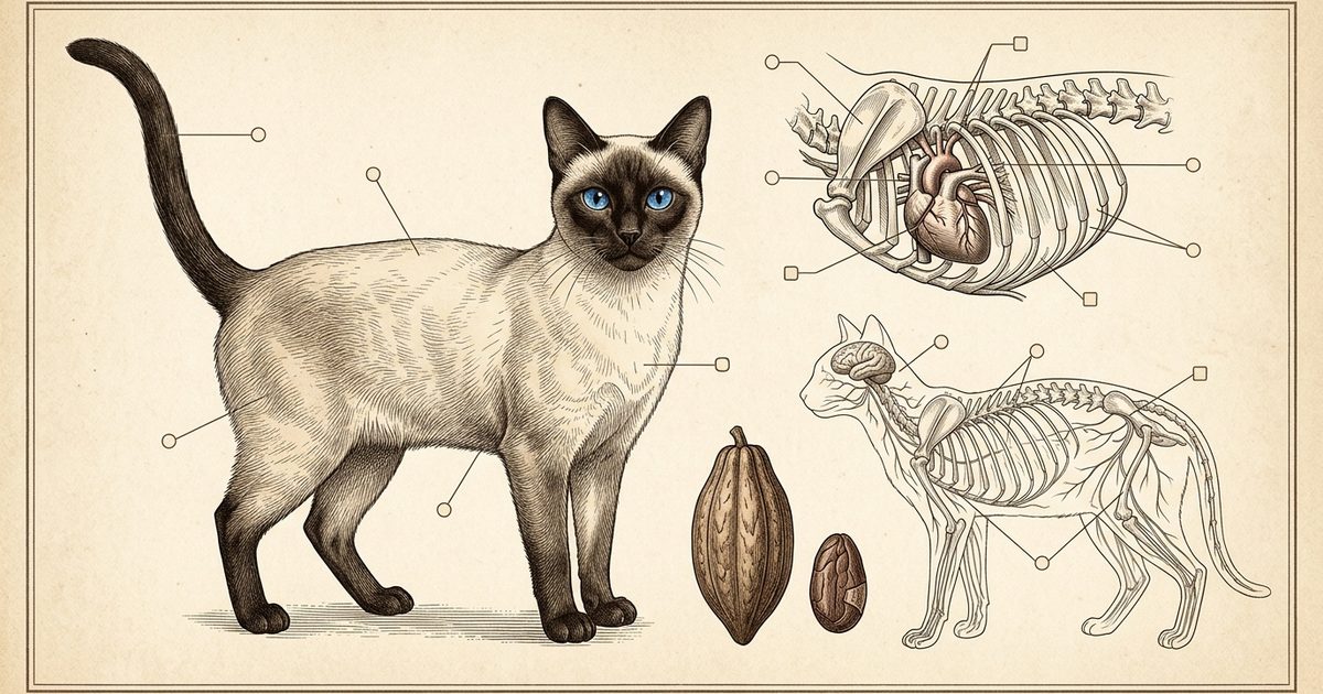 A Siamese cat with cream body and dark seal-brown points rendered as a vintage encyclopedia engraving, with annotated callout markers pointing to the heart, the nervous system, and a single cocoa bean beside it