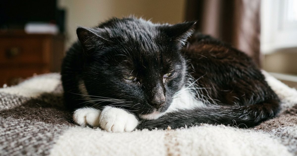 A tuxedo cat with a black coat and white chest curled up tight with ears softly folded back and eyes half-closed, subdued and mildly distressed in a macro close-up photograph