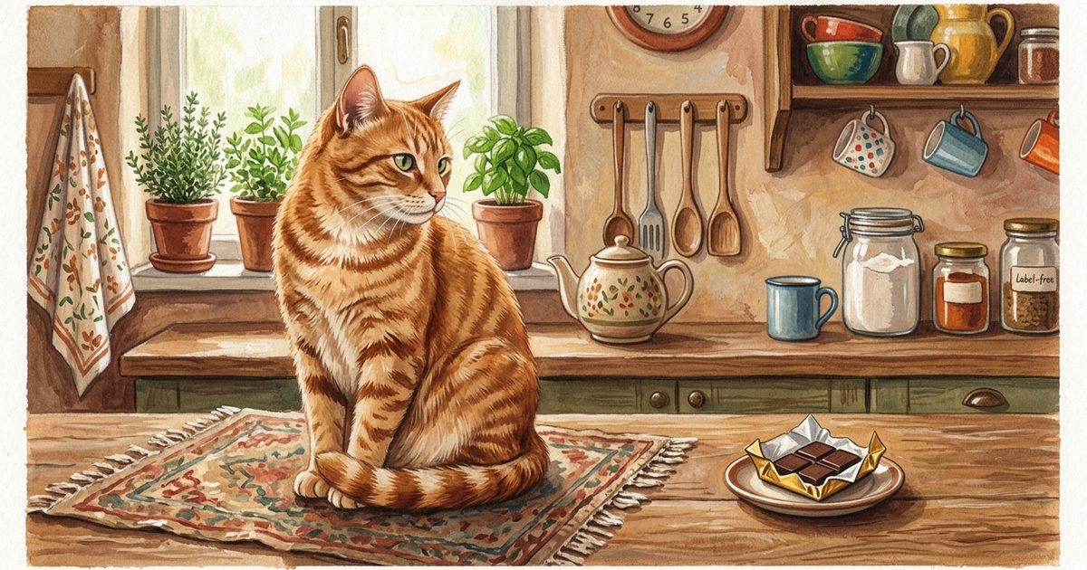 A ginger orange tabby with classic mackerel stripes turning its head away from a small unwrapped chocolate bar with a politely uninterested expression in a warm gouache-painted kitchen