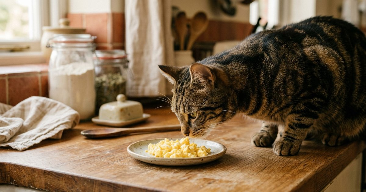 A brown tabby cat with bold black stripes on a warm brown coat sniffing a plate of plain cooked chopped egg on a kitchen counter, curious and engaged, soft natural light