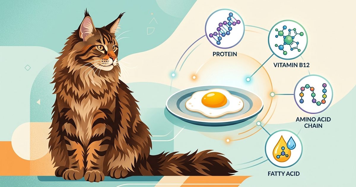 A large Maine Coon with tufted ears and brown tabby coloring, clean flat vector illustration with stylized nutrient icons — protein, B12, amino acids, fatty acids — radiating from a single cooked egg