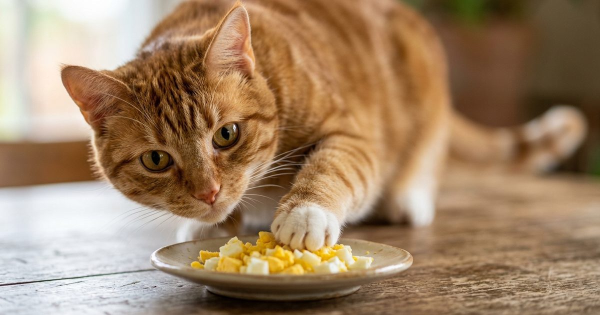 A ginger orange tabby with classic mackerel stripes, paw reaching toward a single tablespoon of chopped cooked egg on a small white saucer, alert and curious, macro close-up photograph