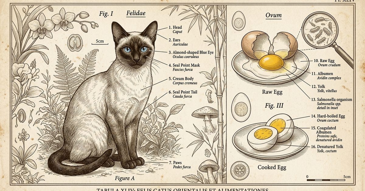 A Siamese cat as a vintage botanical-plate engraving contrasting a raw egg with avidin and Salmonella callouts beside a cooked egg, authoritative scientific illustration