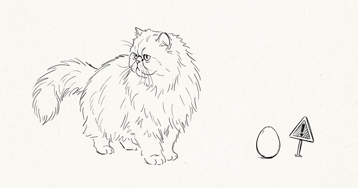 A silver-coated Persian cat with a flat round face turning its head away from a single egg beside a small caution marker, minimalist ink line-art sketch, sparse explanatory diagram style