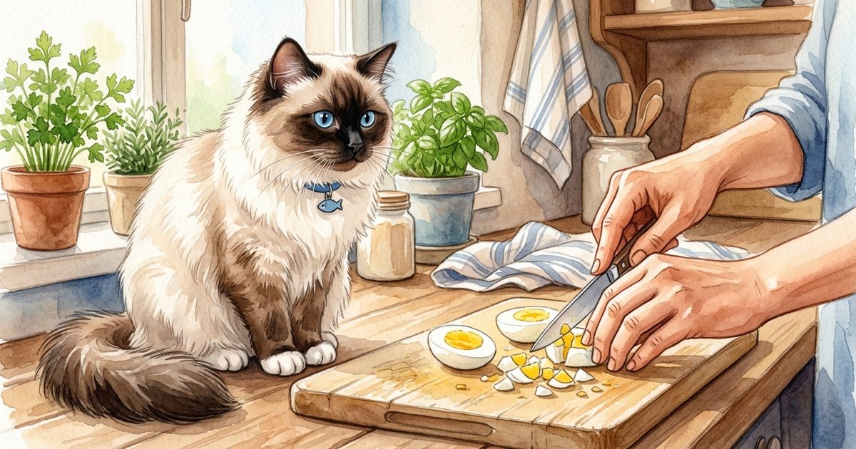 A Ragdoll cat with cream body and dark brown colorpoint face watching a human hand chop a plain boiled egg into small pieces on a cutting board, soft watercolor storybook illustration