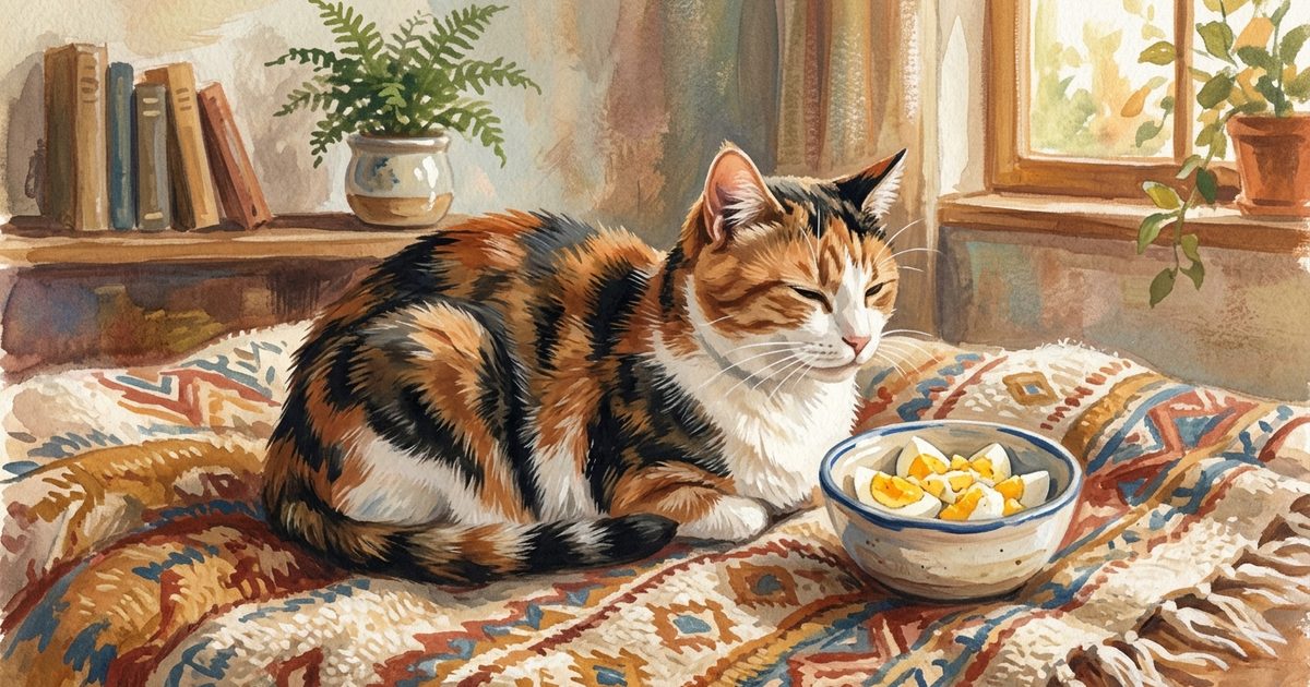 A calico cat with orange, black and white patches sitting content beside a small ceramic dish of chopped boiled egg, warm gouache painting