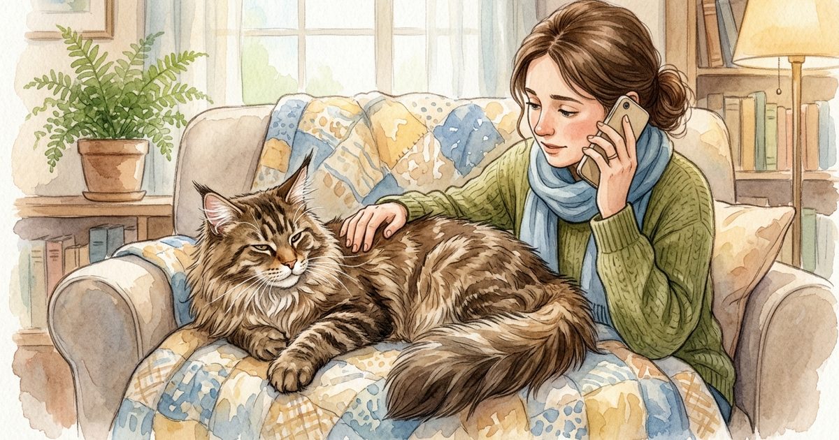A large Maine Coon cat with fluffy brown tabby fur and tufted ears resting on a blanket while a person nearby holds a phone to call the veterinarian