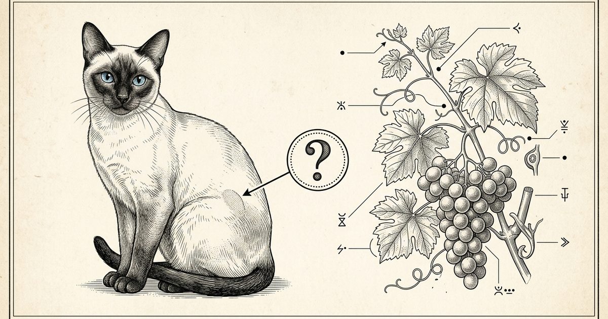 A Siamese cat with cream body and dark seal-brown points and bright blue almond eyes rendered as a vintage encyclopedia botanical-plate engraving beside an annotated grape cluster with a question-mark callout pointing toward the kidneys