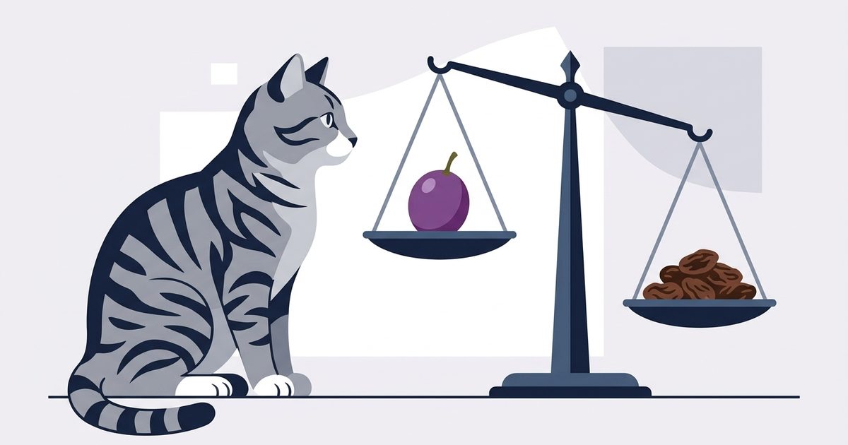 A gray tabby cat with dark charcoal stripes and white paws beside a balance scale with one grape on one side and raisins on the other