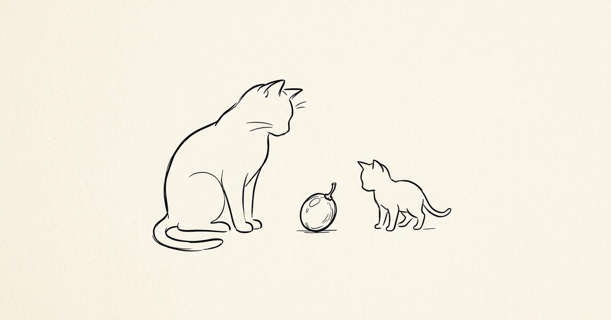 Two minimalist line-drawn cats one small silhouette and one larger silhouette beside a single grape, ink line-art sketch conveying that the same small amount affects individual cats very differently