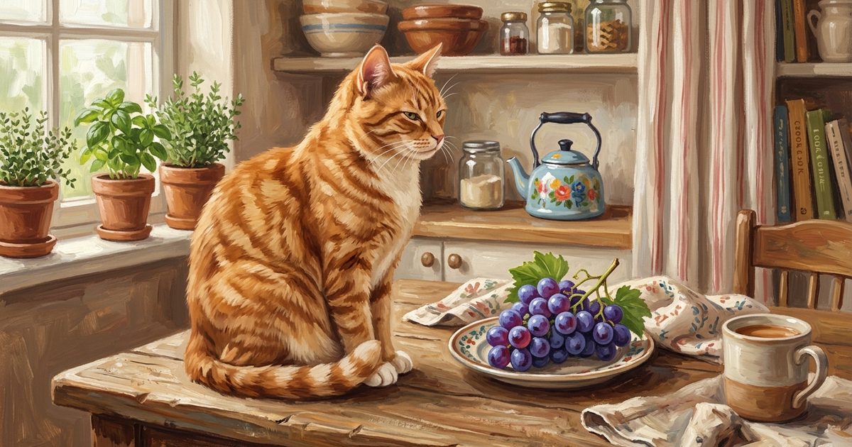 A ginger orange tabby cat with classic mackerel stripes turning its head away from a small bunch of grapes on a wooden table with a politely uninterested expression, warm gouache kitchen scene