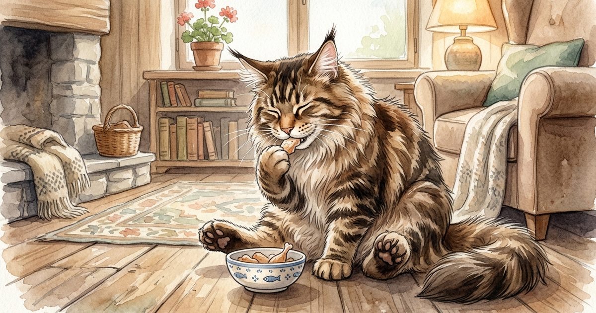 A large Maine Coon with long fluffy fur, tufted ears and paws, and brown tabby coloring happily eating a small piece of plain cooked chicken from a little ceramic bowl, contented and relaxed