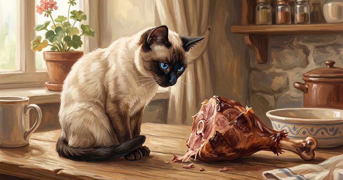 A Siamese cat with cream body, dark brown points, and blue almond eyes looking at a cooked ham bone, soft cautionary no mood, warm gouache texture