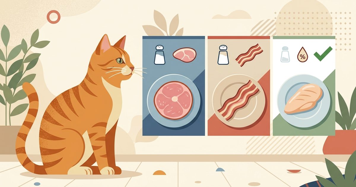 A ginger orange tabby with mackerel stripes and cream belly viewing a three-way comparison of a ham slice, bacon strip, and plain cooked chicken, marked with salt, fat, and a safe checkmark