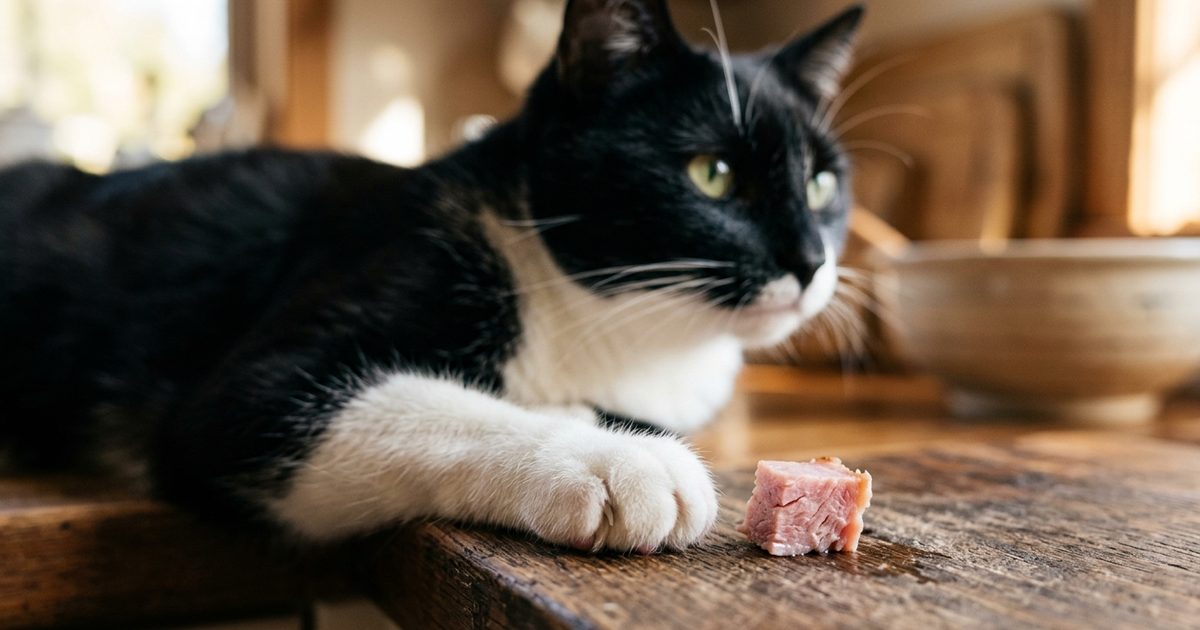 A tuxedo cat with a black coat and a white chest, paws, and whiskers, paw resting beside a single small piece of plain cooked ham to convey scale and dose, alert and watchful