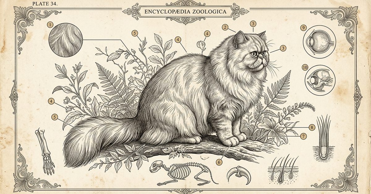 A Persian cat with long fur and flat round face in silver coat, vintage encyclopedia engraving with callouts summarizing the ham verdict, antique specimen-plate aesthetic