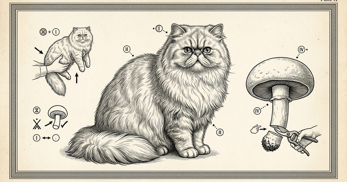 A Persian cat with long silver fur and a flat round face presented as a vintage encyclopedia annotated botanical-plate engraving beside a plain store-bought mushroom with small callout markers indicating safe-handling steps, detailed science-authoritative linework