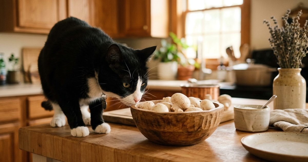 A tuxedo cat with a black coat and white chest and paws sniffing cautiously near a wooden bowl of plain white button mushrooms on a clean kitchen counter, curious but hesitant, soft warm domestic scene