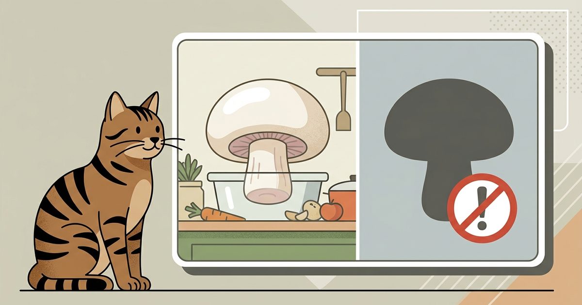 A brown tabby cat with bold black stripes beside a split-frame showing a store-bought mushroom and a caution-marked wild mushroom silhouette