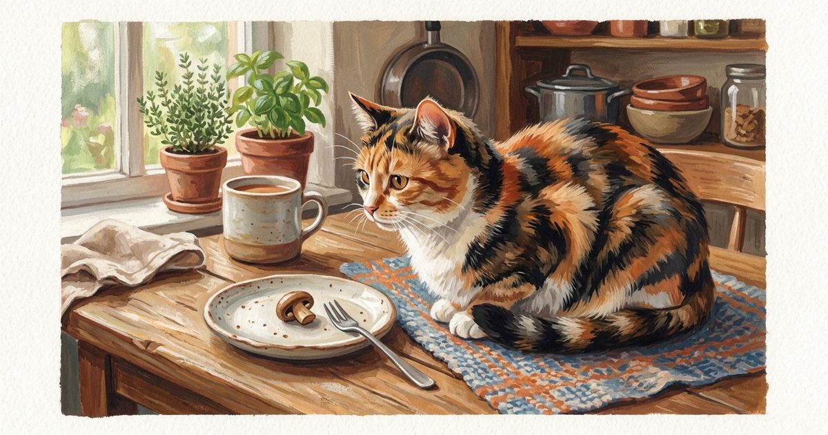 A calico cat with distinct patches of orange, black, and white fur watching a small plain cooked mushroom piece on a tiny ceramic plate